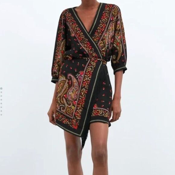 Zara Dresses & Skirts - Zara Black Paisley Half-Wrap Festival Dress w/ Fringe Small